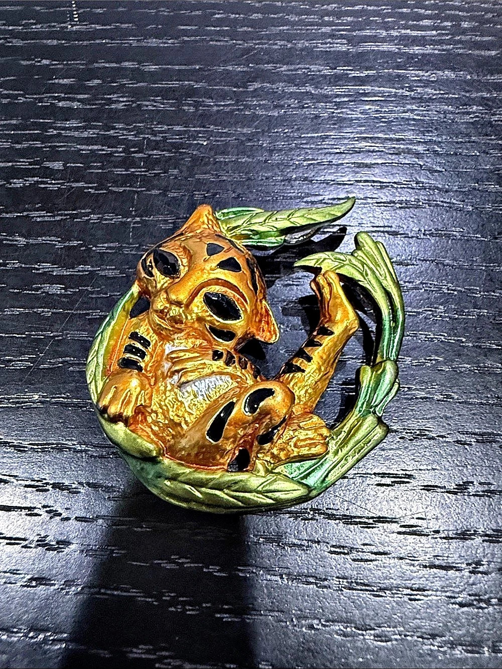 Gold & Green Cat Brooch Like New